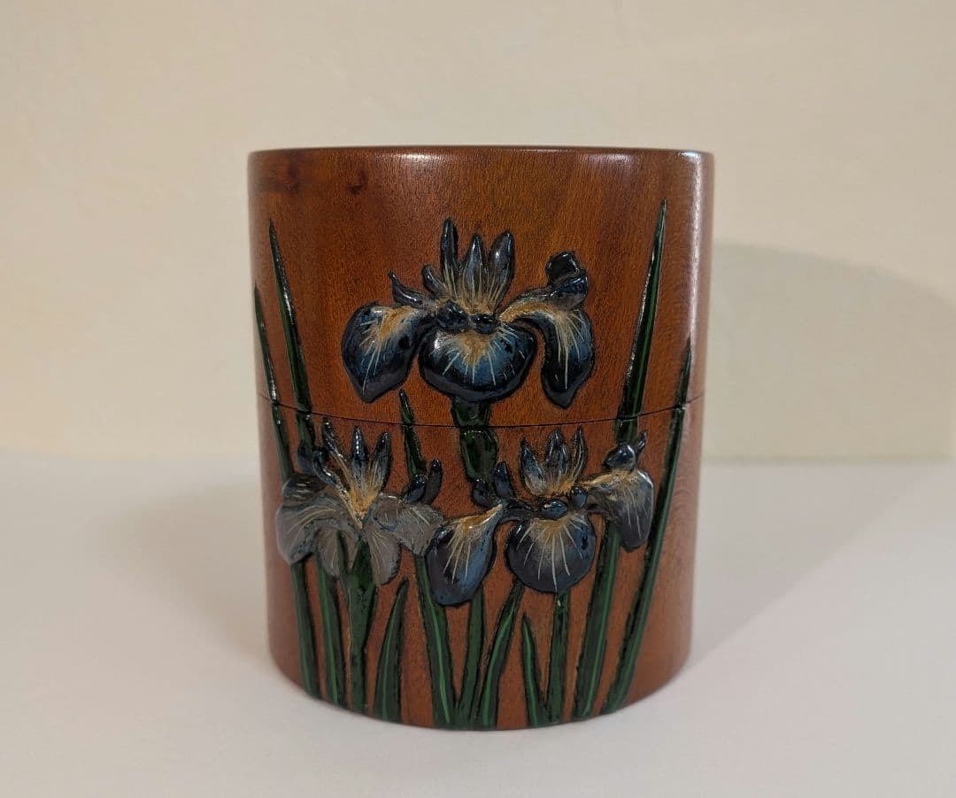 『茂利漆』茶器　光宣作　棗　菖蒲　茶道具　茶入　中次　木彫　あやめ　吹雪