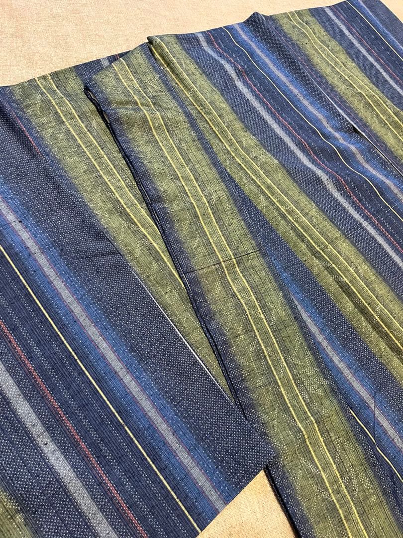 ［お値下げ中］天然草木染 結城紬 縞の着物 柄八掛 証紙付き トールサイズ