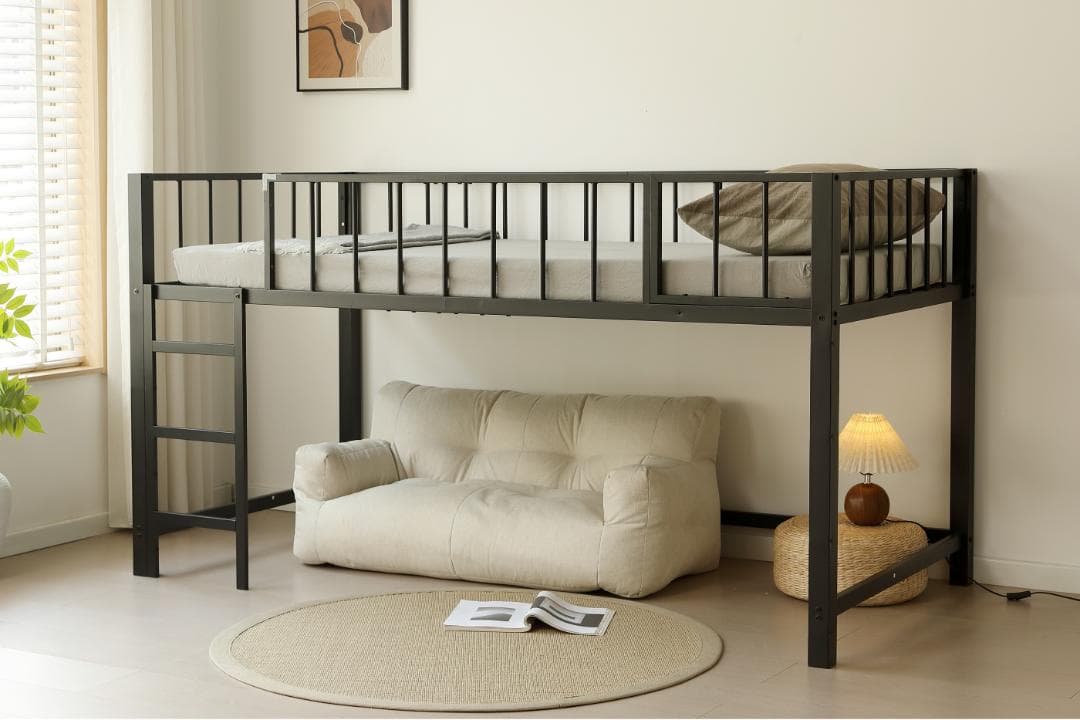 限定価格！新作ロフトベッド　左右入れ替え　省スペース　スチール製　BLACK