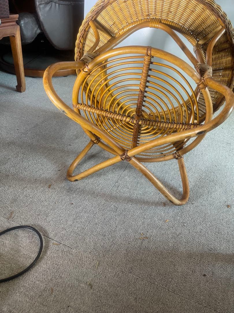 高級ラタン 丸テーブル ガラス天板 昭和レトロ ビンテージ　藤　アンティーク