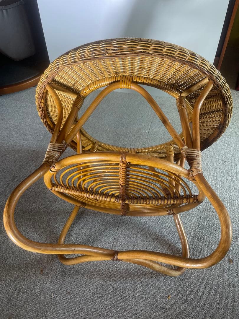 高級ラタン 丸テーブル ガラス天板 昭和レトロ ビンテージ　藤　アンティーク