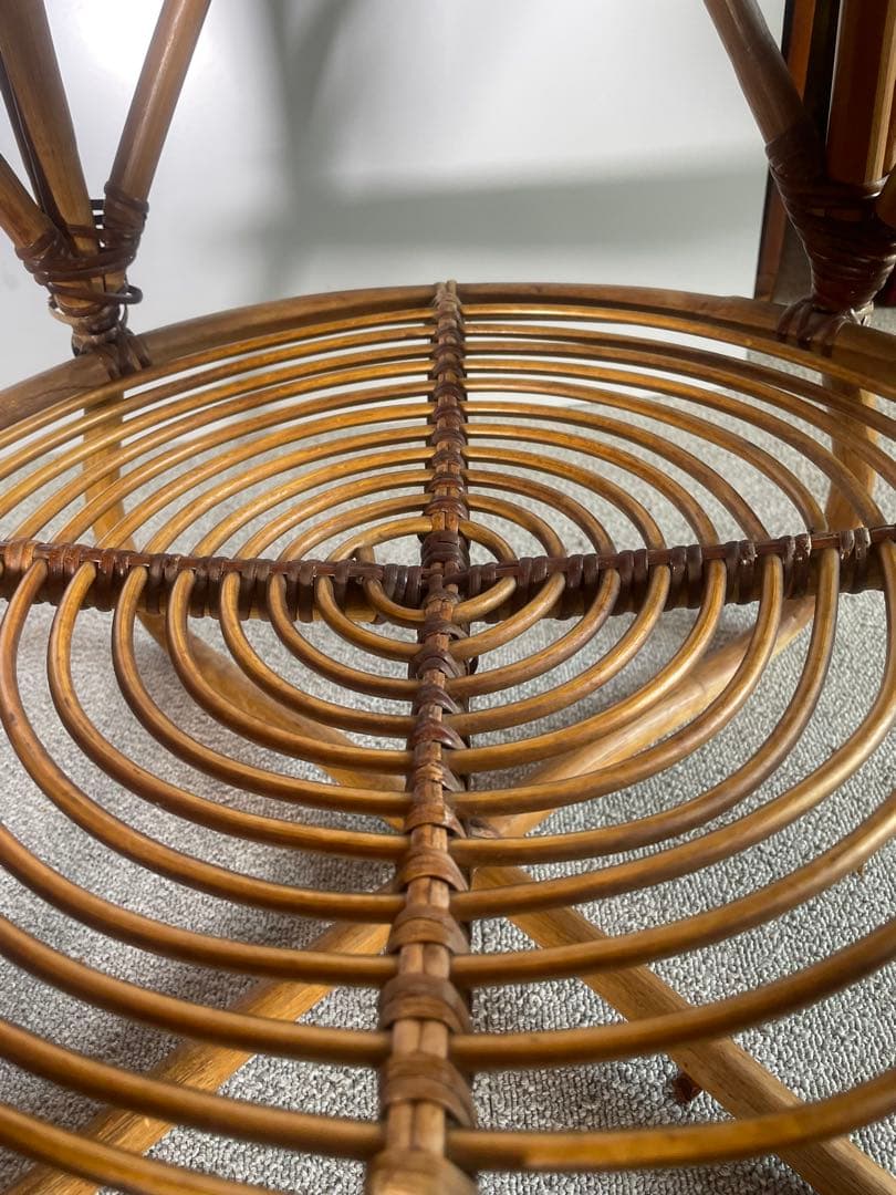 高級ラタン 丸テーブル ガラス天板 昭和レトロ ビンテージ　藤　アンティーク