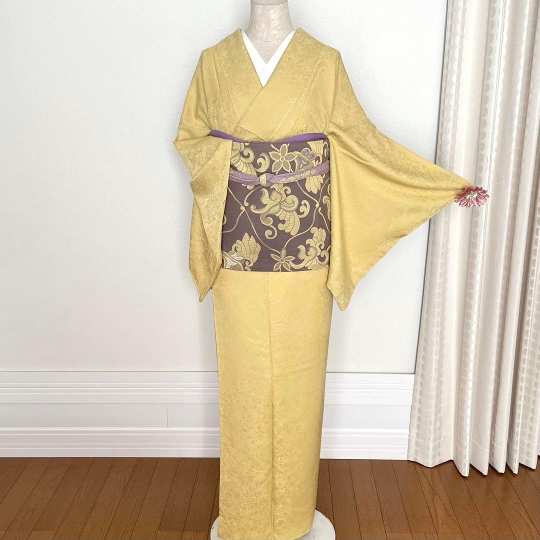 colon様リクエストしつけ付き 黄色色無地 正絹着物 長襦袢 雪輪帯セット