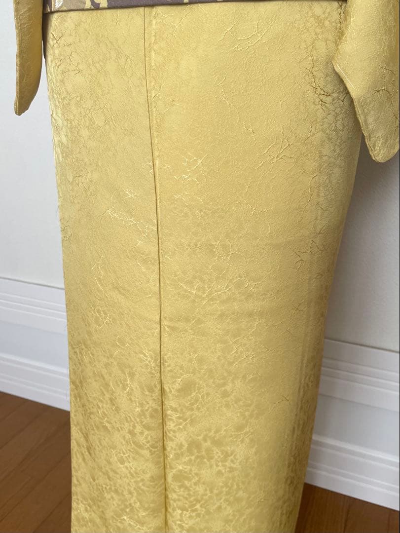 colon様リクエストしつけ付き 黄色色無地 正絹着物 長襦袢 雪輪帯セット