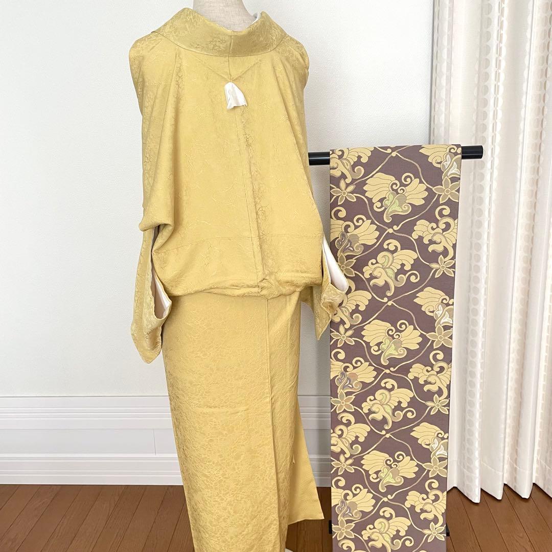 colon様リクエストしつけ付き 黄色色無地 正絹着物 長襦袢 雪輪帯セット