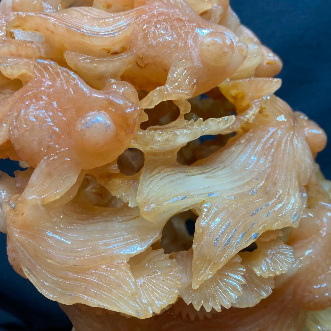 《中国美術》天然石 彫刻 金魚 水草 置物