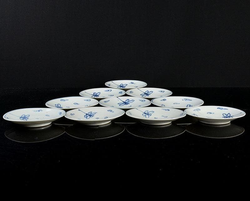 深川園　古染付写　蜻蛉文　五寸皿　十客　在銘　共箱　V　R4364