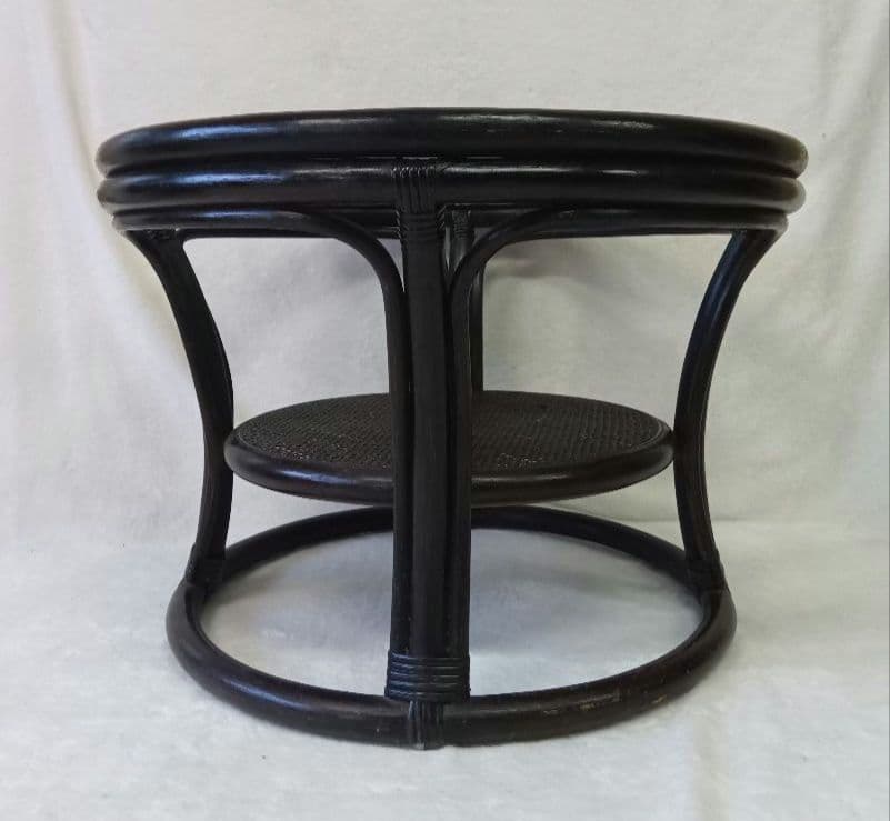 ラタン　サイドテーブル　ガラステーブル　籐　黒色　丸テーブル　センターテーブル