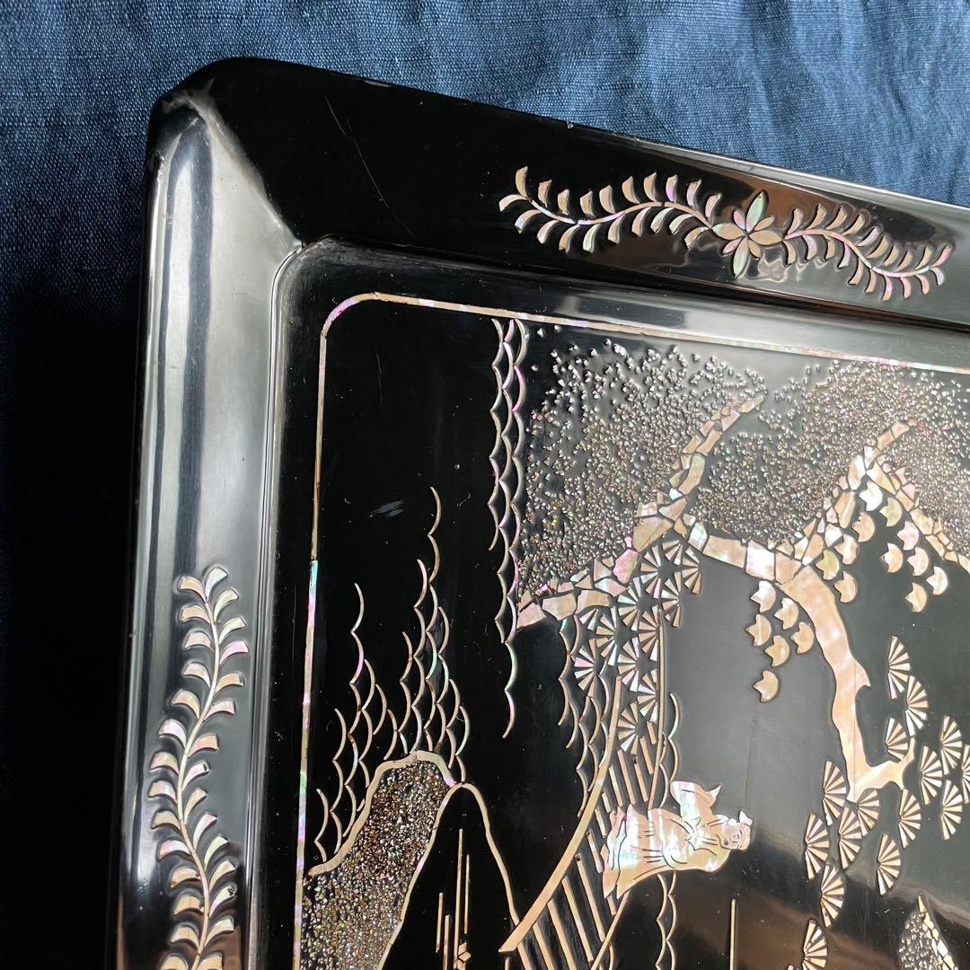 黒塗り盆 螺鈿 長方形 26㎝×35㎝ 漆器 盆 螺鈿細工 長方盆 木製 お盆