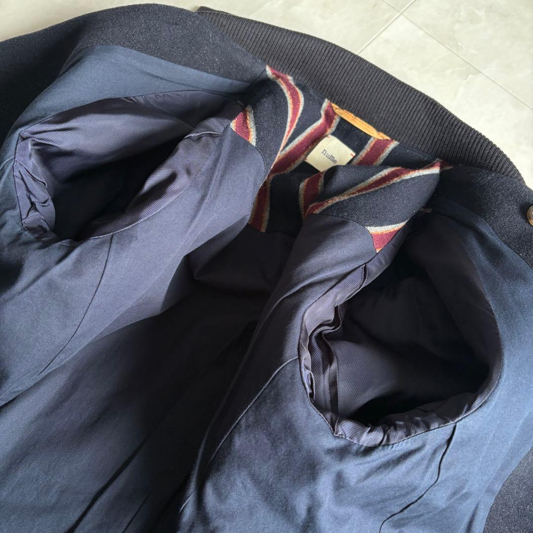 nume ダブルコート ネイビー 2 襟リブ パイピング 上品 ミドル丈