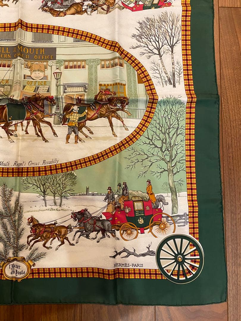 エルメス HERMES 馬車風景のハンカチ 緑 約88cm x 88cm