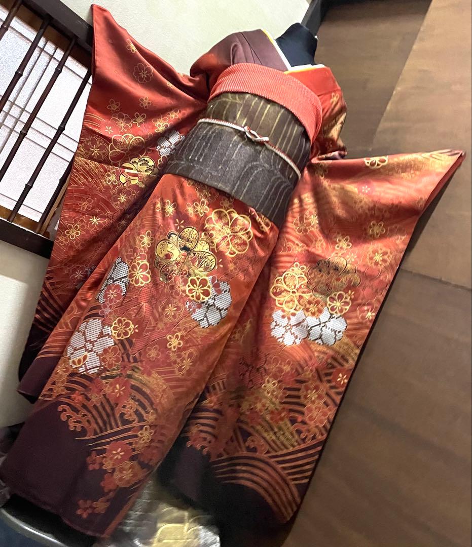 振袖 フルセット6点サイズM〜Ｌ駒刺繍　鴛鴦花文　暈し染め　金彩　正絹