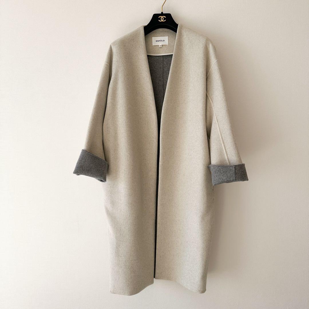 ENFOLD エンフォルド / ウールリバーノーカラーコート　バイカラー 38