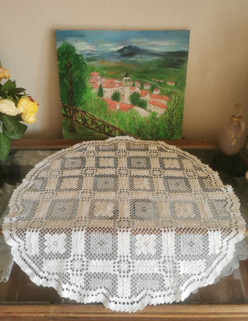 アンティーク イタリア ニードルワーク 花葉盛上刺繍フィレレース ラージクロス