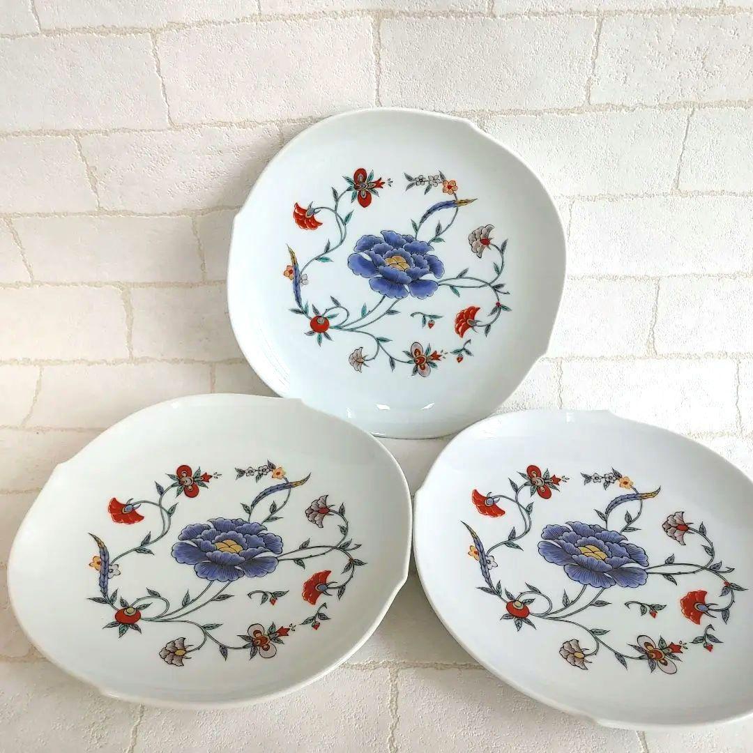 十三代柿右衛門窯絵付師 舘林古琳庵作 色赤絵花文輪花皿 三客揃