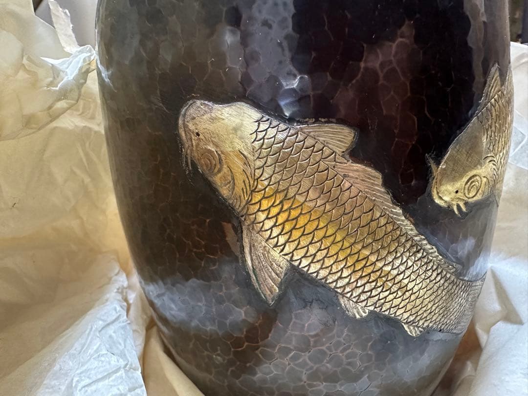 広島特産 銅虫花瓶 魚の装飾　明宝造