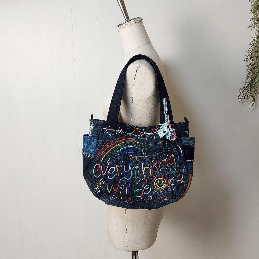 刺繍デニムバック　No.662　デニムリメイク　刺繍バック　サイドポケット
