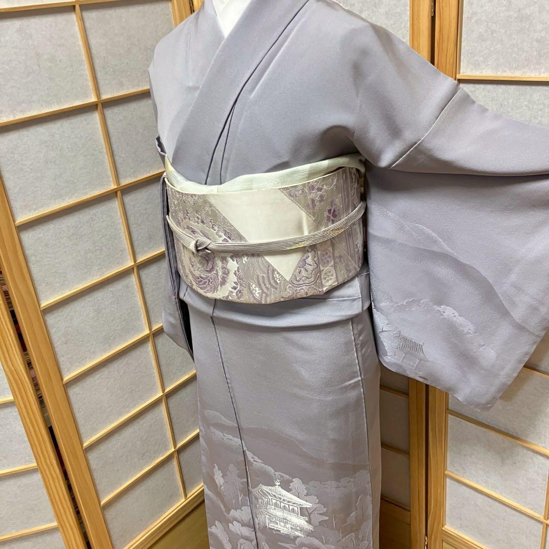 ［6817］訪問着 美品 銀閣寺 銀糸 反端付 一つ紋 花菱 正絹 着物 袷