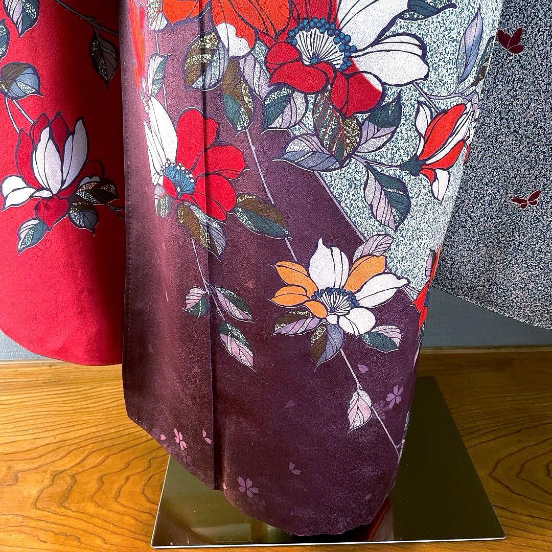 振袖フルセット　朱色手描き友禅　ブルーたたき染め　成人式振袖　振袖　染分け