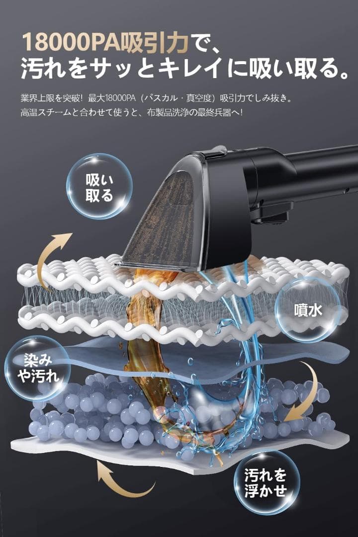 リンサークリーナー スチーム式 加熱100℃蒸気噴射　18000Pa　超強吸引力