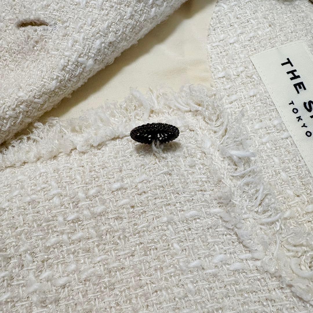 シンゾーン　ツイード　ジャケット　ノーカラー　ホワイト　シルク　入学式