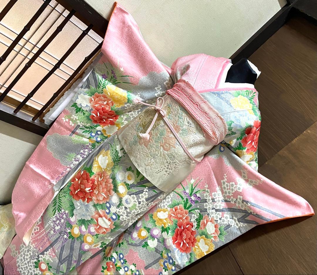 振袖フルセット6点サイズM〜Ｌ駒刺繍　渡り橋藤花房文　金彩　正絹