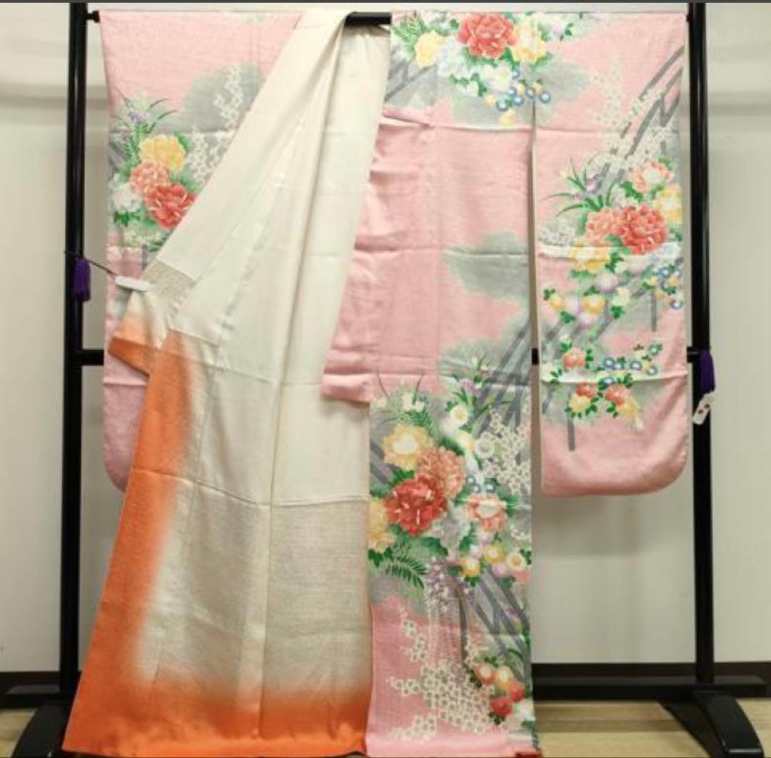 振袖フルセット6点サイズM〜Ｌ駒刺繍　渡り橋藤花房文　金彩　正絹