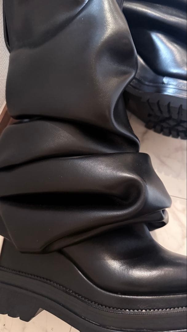 Pooled プールデ ブラックレザー ロングブーツ 37