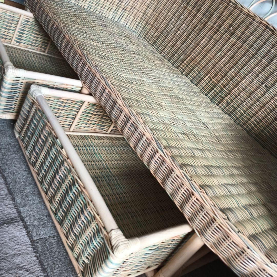 引取りお値下げ　希少　おしゃれパステルカラー　ラタン製　カウチソファ　引出し収納