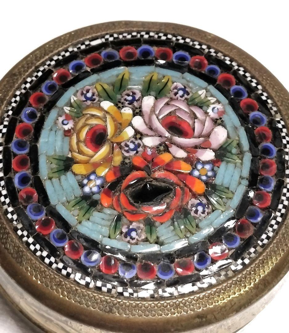 ITALY製 マイクロモザイク コンパクトミラー 小物入れに 薔薇 アンティーク