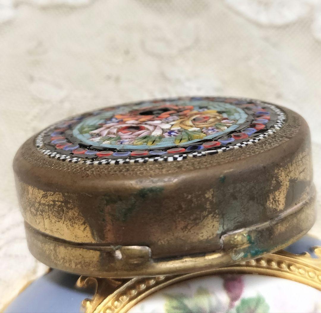 ITALY製 マイクロモザイク コンパクトミラー 小物入れに 薔薇 アンティーク