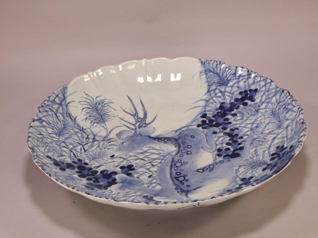 BK265　江戸期　古伊万里　古染付鹿文　大皿　49㎝　二重角福　1尺6寸