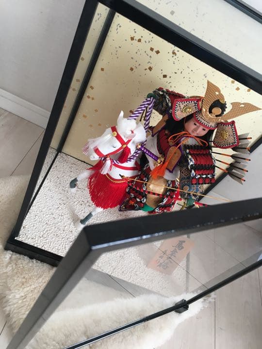 美品！ガラスケース入五月人形［馬上大将］節句白馬弓矢百貨店購入