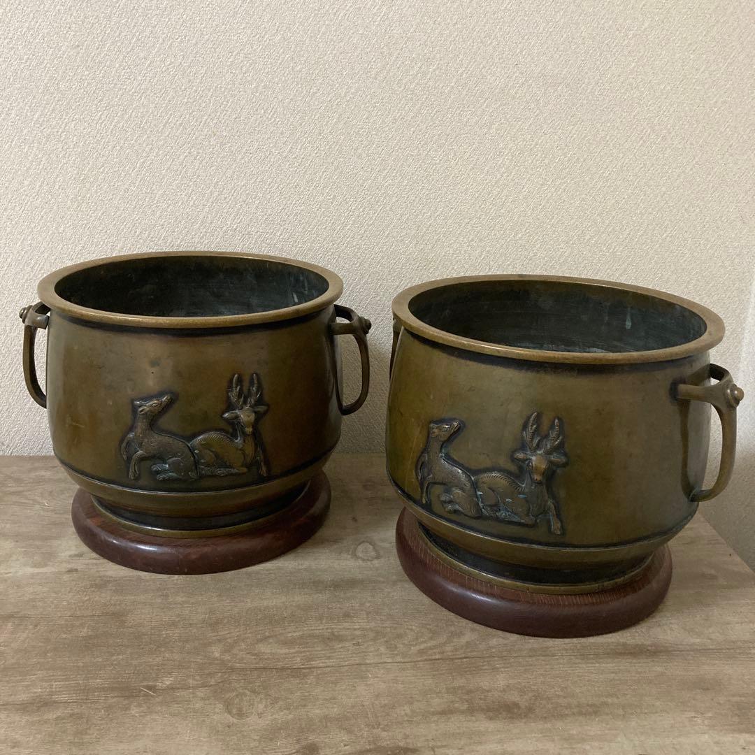 時代銅火鉢　壱対　宣徳火鉢　江戸文政　手炙り　アンティーク　珍品　高肉彫