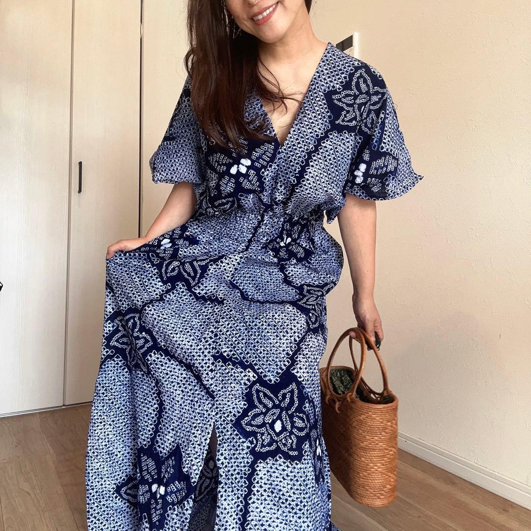 一点物　浴衣　有松絞り　ワンピース ハンドメイド　マキシ　シンプル　単色