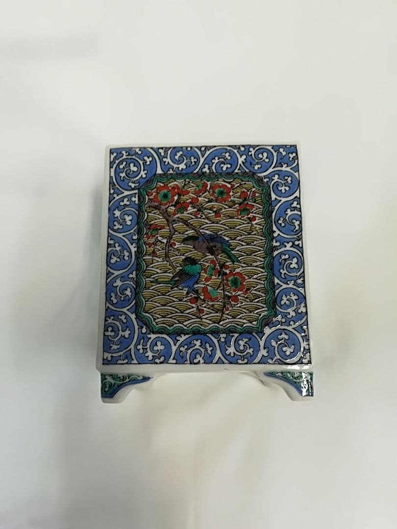 九谷焼 香籠 九谷 花鳥唐草 角香炉 白雅作 新品未使用 レア アンティーク