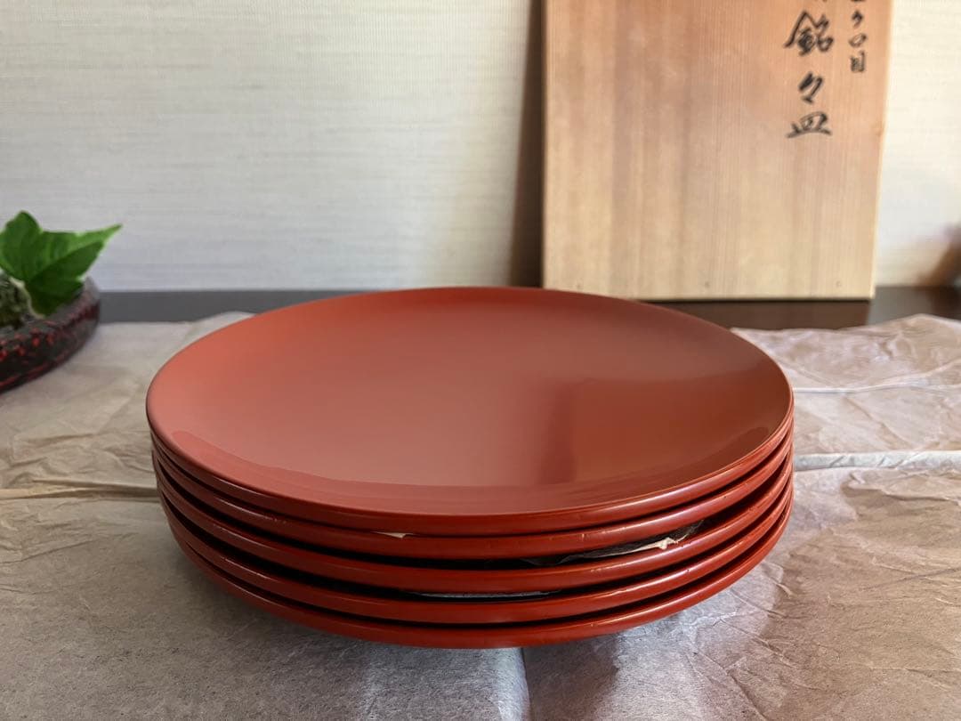 山中塗　山中漆器　香仙工房　ロクロ目　朱　銘々皿　菓子皿　５枚　茶道　茶道具