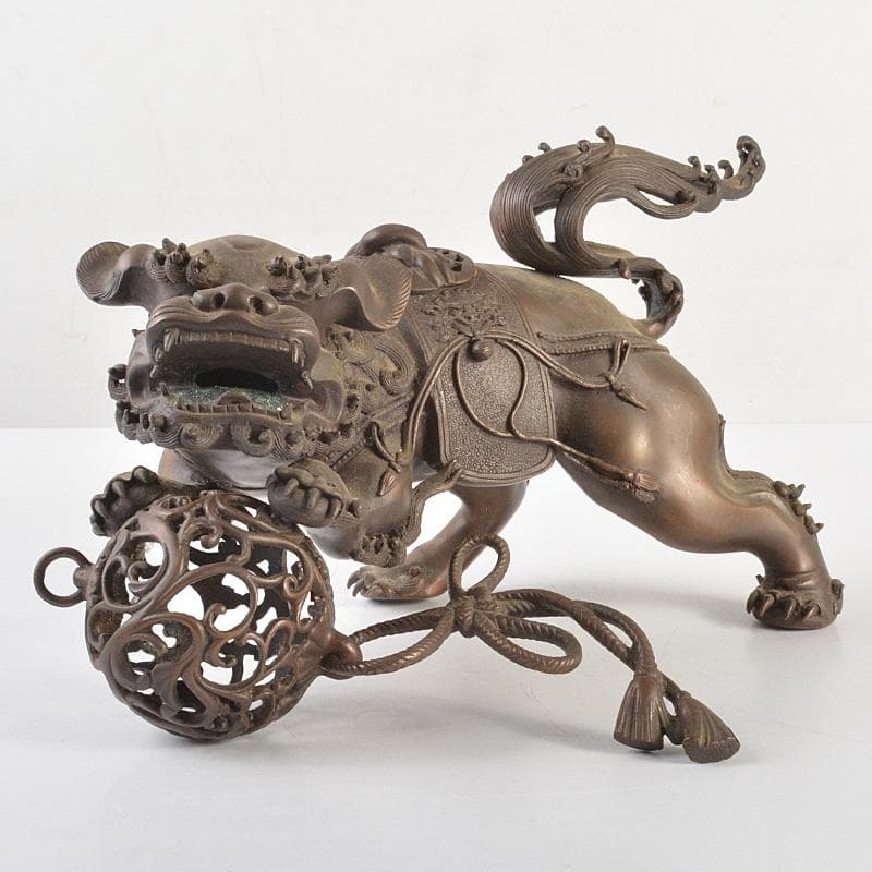 中国　古銅宣徳銅　玉乗り獅子　香炉　置物　Y　R7427