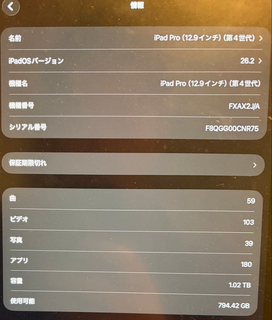 【最終値下げ】【美品】iPad Pro12.9インチWi-Fi 1TB 第4世代