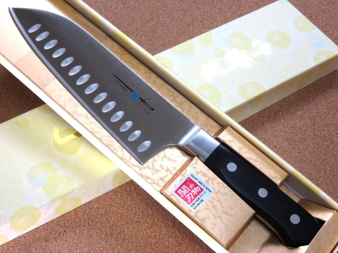 関の刃物 サーモン三徳包丁 175mm モリブデン 口金付 ディンプル 両刃万能