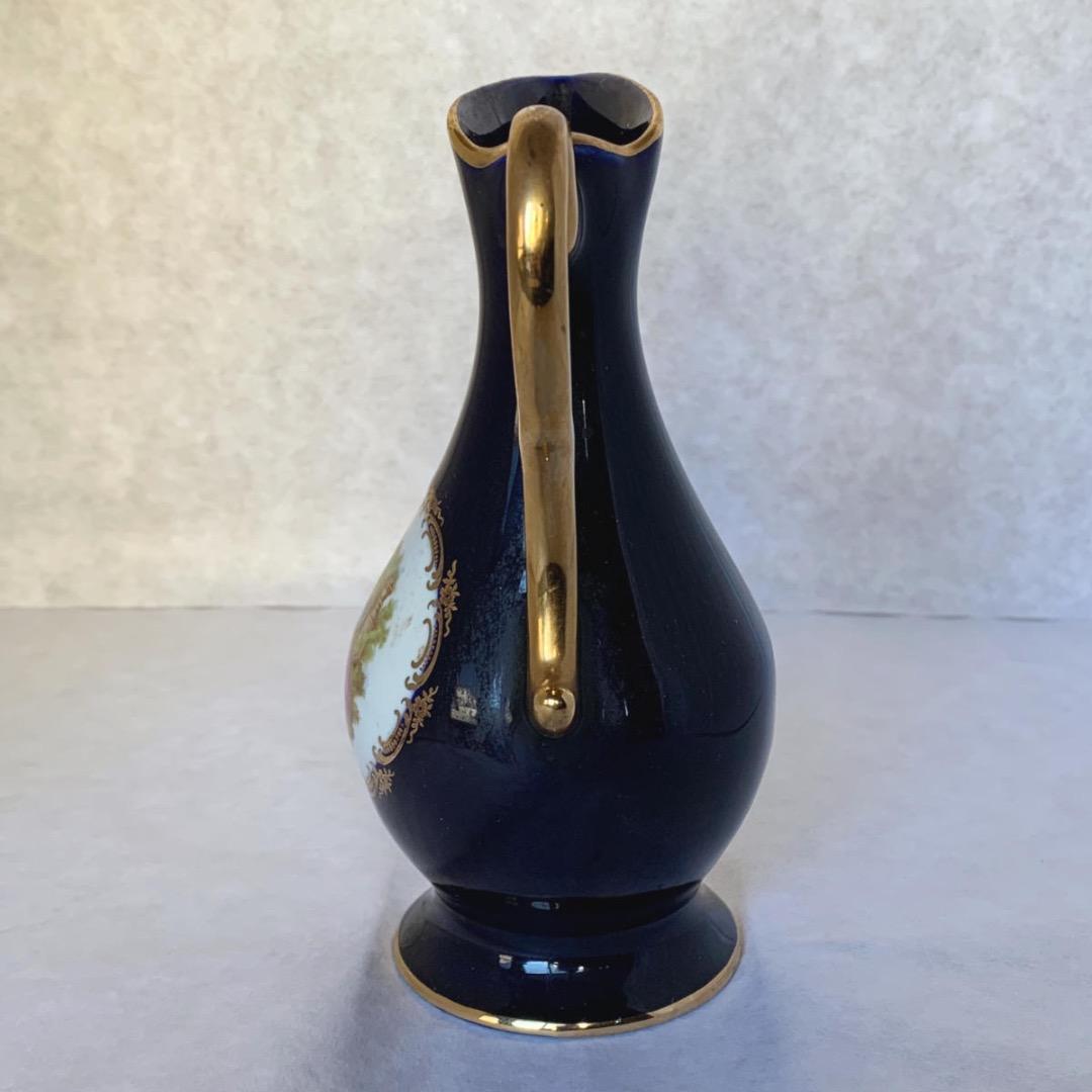 ヴィンテージ フランス リモージュ磁器 ブルー花瓶 ピッチャー、22K ゴールド