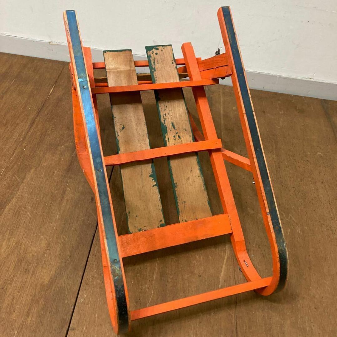 木製 手押し そり 昭和レトロ オレンジ10 曲げ木 犬ぞり 犬そりガーデニング