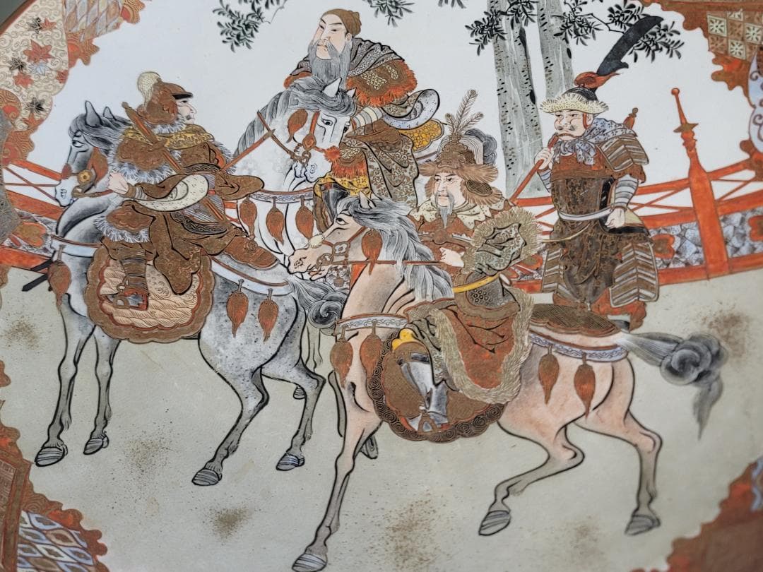 九谷 金彩赤絵 細密 武者絵 一対 幅37 cm 明治時代 DT395