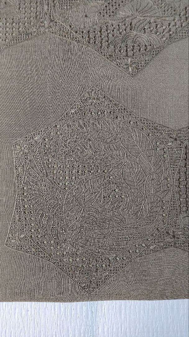 袋帯　スワトウ刺繍　紬地　正倉院花唐草文様　モスグリーン無地