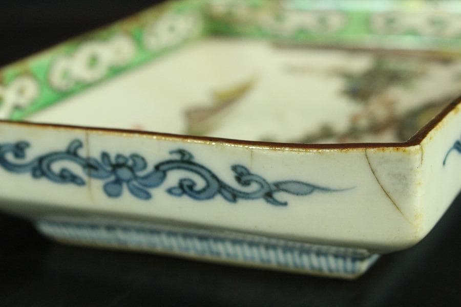 古九谷 四方 皿 六客 時代物(K-XA844)