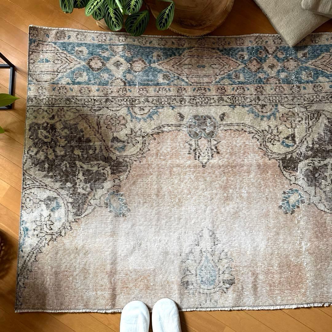 106×141 ターコイズブルー×ブラウン　淡いベージュ　トルコヴィンテージラグ