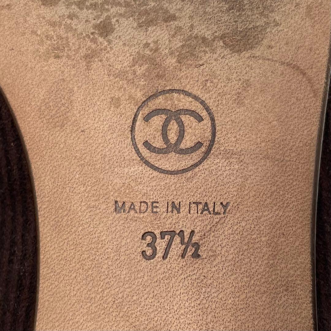 《超美品》シャネル ココマーク フラットパンプス バレエ ストライプ柄 茶系