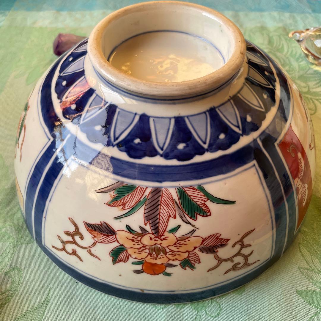 幕末明治　金彩　色絵　染付　獅子　牡丹　深鉢