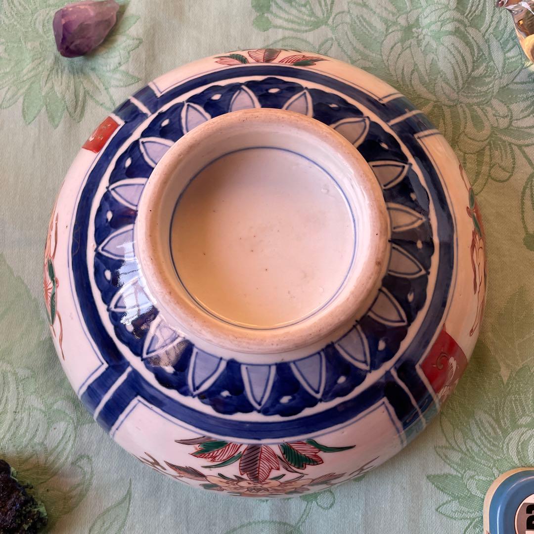 幕末明治　金彩　色絵　染付　獅子　牡丹　深鉢