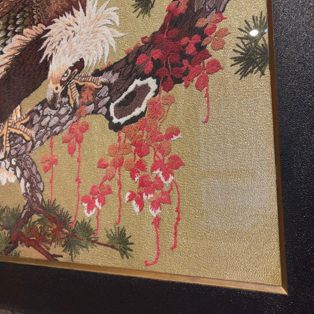 文化刺繍　昭和レトロ 額縁 大型 鷲 イーグル 刺繍画 刺繍アート 鷹 松